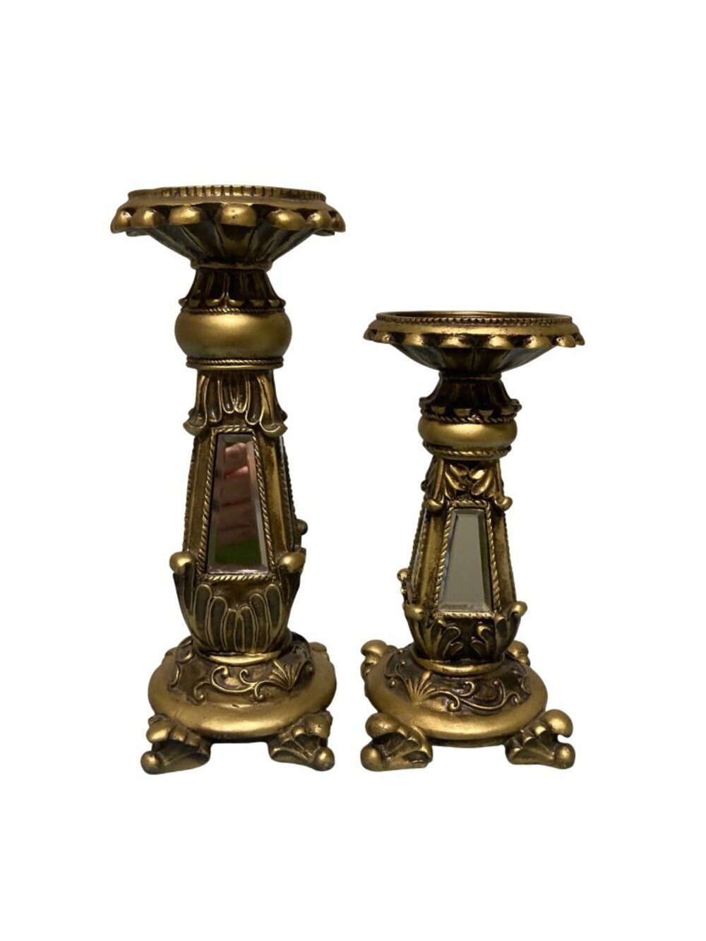 Vintage Ornate Gold Tone Candle Holders With Beveled Mirrors